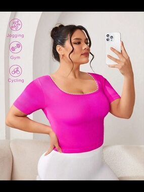 SHEIN Ribbed Scoop Neck Crop Top - Hot Pink